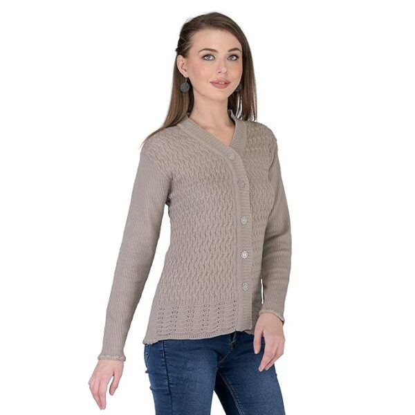 Women Woolen V-Neck Self Design Cardigan Heavy Daffodil Fabric Cardigan Winter Wear Pure Wool Cardigans