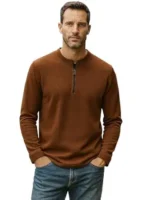 Men’s Cotton Blend Full Sleeve Solid Henley T Shirts(Brown)