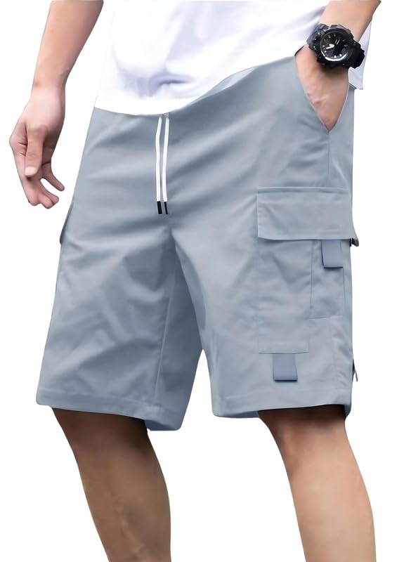 Men Fashion Cotton Shorts Pant for Men, Relaxed Fit Drawstring Waist Casual Half Pant(Light Grey)