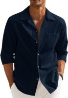 Men’s Casual Cotton Blend Shirt || Long Sleeve Button Down with Spread Collar || Lightweight Breathable Fabric(Navy)