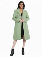 Women's Sage Green Winter Coat Trench Long Sleeves Over Coat With Pocket single Breasted