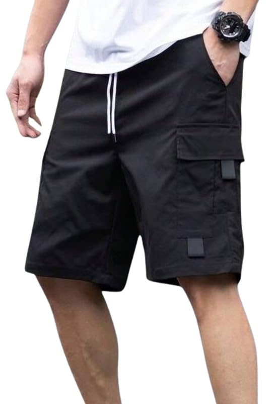 Men Fashion Cotton Shorts Pant for Men, Relaxed Fit Drawstring Waist Casual Half Pant( Black)