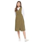 Women Solid Pinafore Dress with Button(Green)