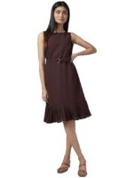 Women's Fit and Flare Polyester Classic Below The Knee Dress(Brown)