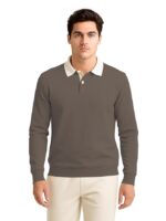 Solid Polo Neck Full Sleeve Cotton Blend T-shirt with Rib for Men Men’s Cotton Blend Full Sleeve Solid Henley T- Shirts(Brown)