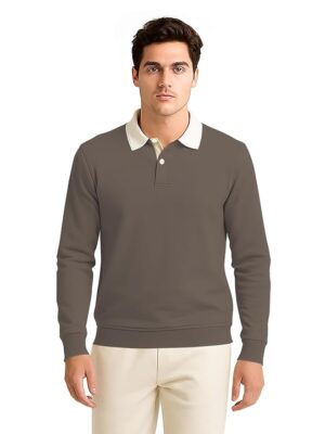 Solid Polo Neck Full Sleeve Cotton Blend T-shirt with Rib for Men Men’s Cotton Blend Full Sleeve Solid Henley T- Shirts(Brown)