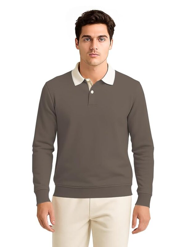 Solid Polo Neck Full Sleeve Cotton Blend T-shirt with Rib for Men Men’s Cotton Blend Full Sleeve Solid Henley T- Shirts(Brown)