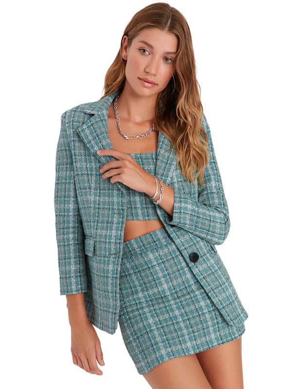 Women's Co-ord Set Lycra Long Sleeve Blazer Inner Crop Top and Skirt Set | Top and Bottom Set