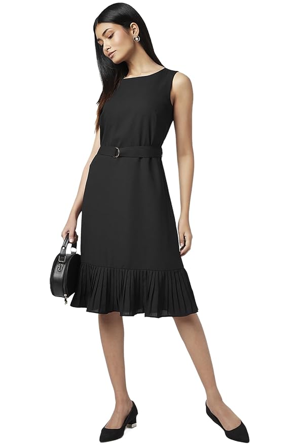 Women's Fit and Flare Polyester Classic Below The Knee Dress(Black)