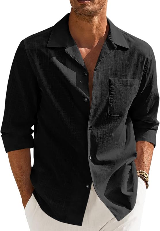 Men’s Casual Cotton Blend Shirt || Long Sleeve Button Down with Spread Collar || Lightweight Breathable Fabric(Black)