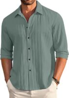 Men's Casual Cotton Plain Button Down Shirt Long Sleeve Textured Summer Beach Shirt for Men(Green)