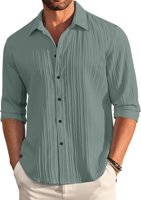 Men's Casual Cotton Plain Button Down Shirt Long Sleeve Textured Summer Beach Shirt for Men(Green)