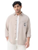 Men and Boys Long Sleeve Spread Collar Beige Embroidered Casual Everyday Office Wear Regular Fit Holiday Ready Trendy Cotton Linen Shirt