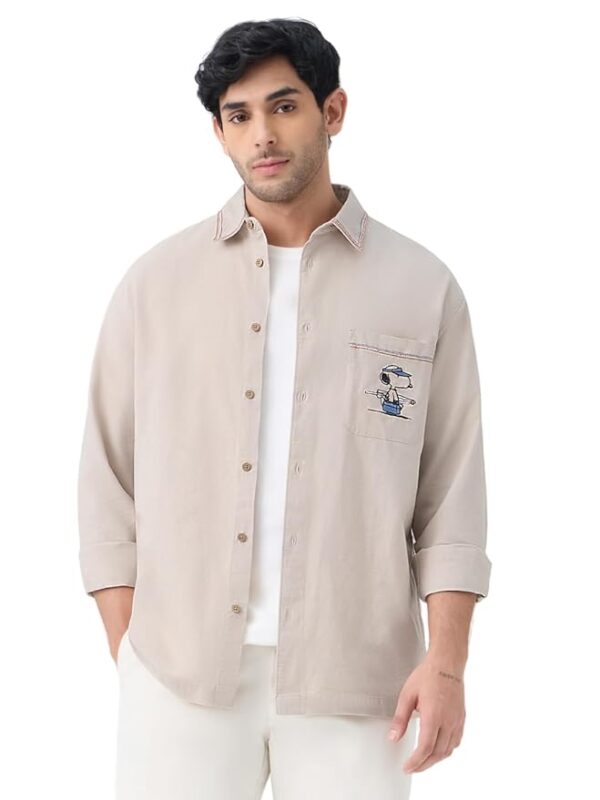 Men and Boys Long Sleeve Spread Collar Beige Embroidered Casual Everyday Office Wear Regular Fit Holiday Ready Trendy Cotton Linen Shirt