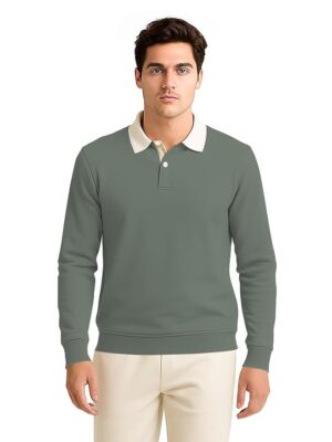 Solid Polo Neck Full Sleeve Cotton Blend T-shirt with Rib for Men Men’s Cotton Blend Full Sleeve Solid Henley T- Shirts(Olive)