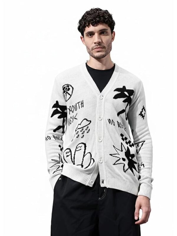 Men’s Acrylic V-Neck Printed Sweater – Stylish Long Sleeve Winter Wear with Soft Comfort( White)