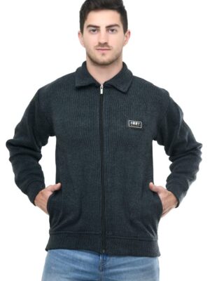 Men Zipper Thick Fabric Woolen Winterwear Full Sleeve Collar with Side Pockets Jacket(Dark Grey)