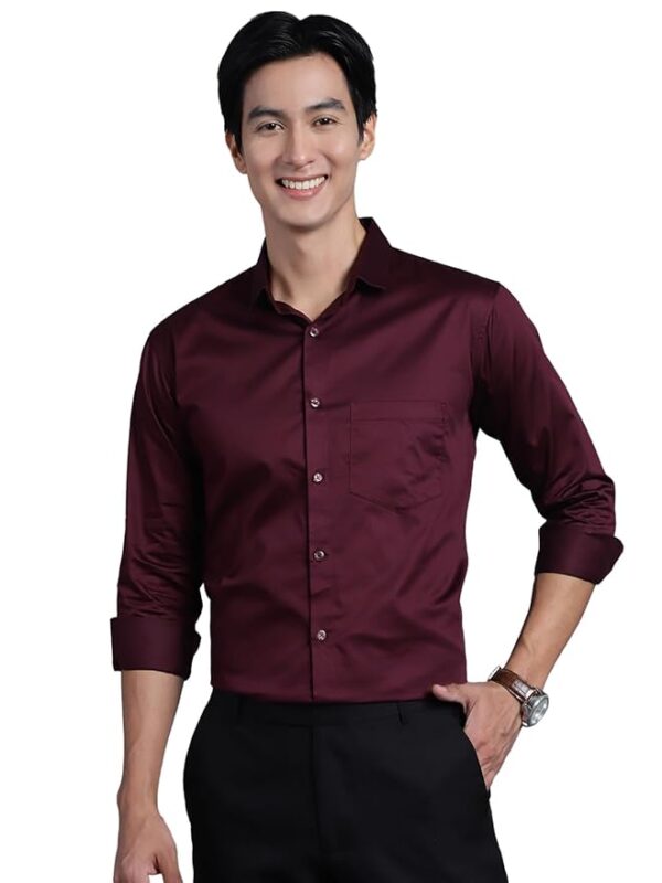 Man Slim Fit Satin Cotton Formal Shirt for Men(Wine)
