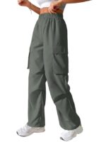 Green High Waist Cotton Trousers for Women – Flared Parachute Pants with Side Pockets