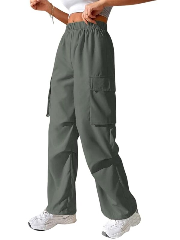 Green High Waist Cotton Trousers for Women – Flared Parachute Pants with Side Pockets