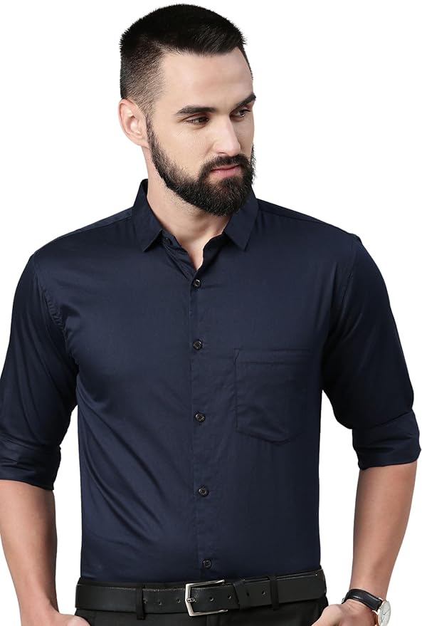 Man Slim Fit Satin Cotton Formal Shirt for Men(Navy)