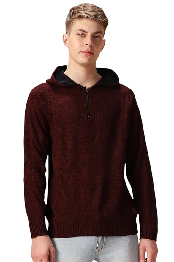 Solid Full Sleeves Hooded Acrylic Regular Fit Men Casual Sweater(Maroon)