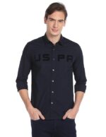 Navy Men's Solid Regular Fit Tonal Typographic Print Casual Shirt