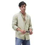 Men's Cotton Full Sleeve Regular Fit Casual Solid Shirt with Band Collar(Light Olive)