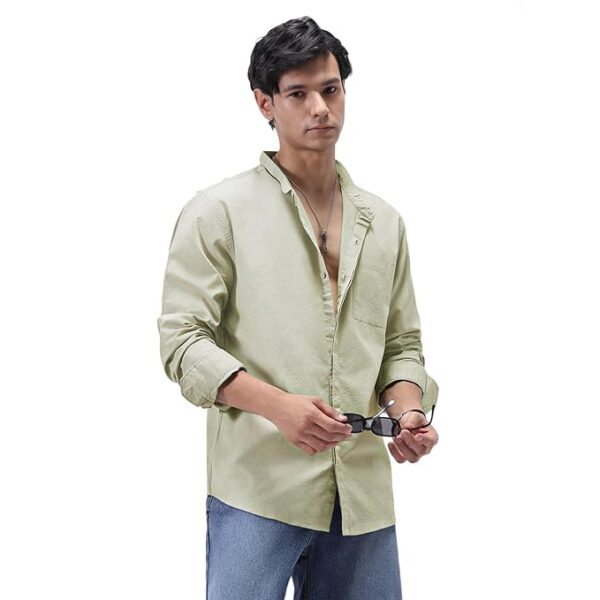 Men's Cotton Full Sleeve Regular Fit Casual Solid Shirt with Band Collar(Light Olive)