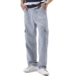 Men's Loose Mid Rise Baggy Fit Cargo Jeans with 6 Pockets Non-Stretchable( Ice Grey)