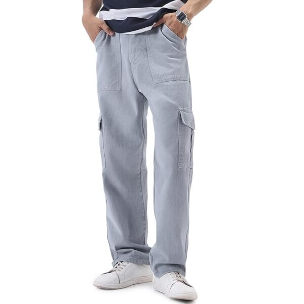 Men's Loose Mid Rise Baggy Fit Cargo Jeans with 6 Pockets Non-Stretchable( Ice Grey)