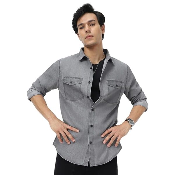 Men's Full Sleeve Regular Fit Casual Denim Shirt( Ice Grey)