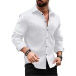 Men's Regular Fit Button Down Dress Shirts Textured Long Sleeve Casual Hawaiian Shirt(White)