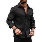 Men's Regular Fit Button Down Dress Shirts Textured Long Sleeve Casual Hawaiian Shirt(Black)