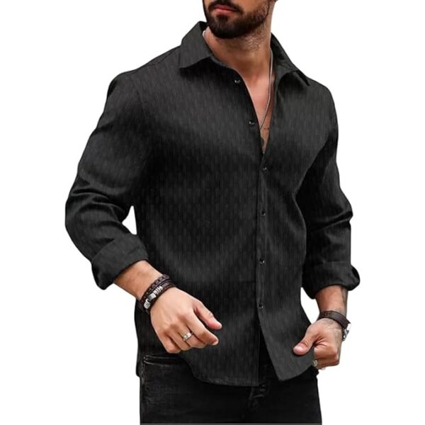 Men's Regular Fit Button Down Dress Shirts Textured Long Sleeve Casual Hawaiian Shirt(Black)