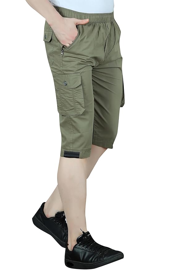Men Cotton Regular Fit Solid Knee Length Short | 2 Zipper Pocket | 4 Button Pockets (Green)