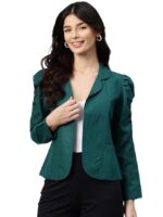 Women Beige Solid Cotton Lightweight Open Front Casual Blazer(Green)
