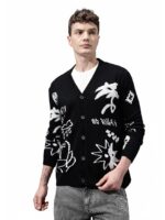 Men’s Acrylic V-Neck Printed Sweater – Stylish Long Sleeve Winter Wear with Soft Comfort(Black)