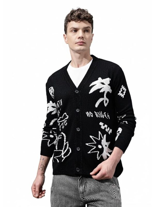 Men’s Acrylic V-Neck Printed Sweater – Stylish Long Sleeve Winter Wear with Soft Comfort(Black)