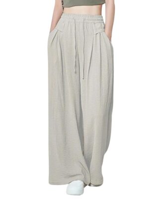 Beige High Waist Polycotton Trousers for Women – Flared Parachute Pants with Side Pockets | Casual Travel Cargo Pants