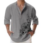 Men's Cotton Blend Mandarin Collar Self One Design Full Sleeve Casual Short Kurta（Grey)