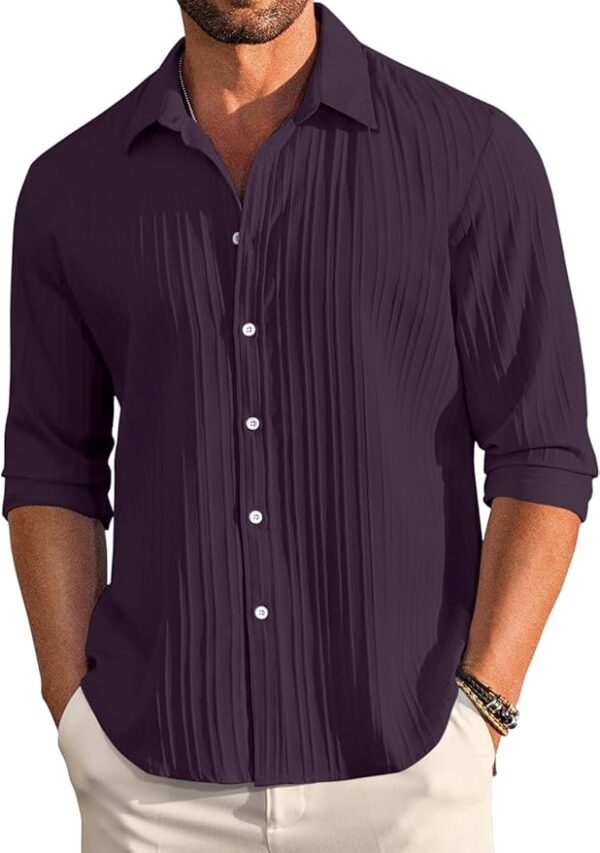 Men's Casual Cotton Plain Button Down Shirt Long Sleeve Textured Summer Beach Shirt for Men(Purple)