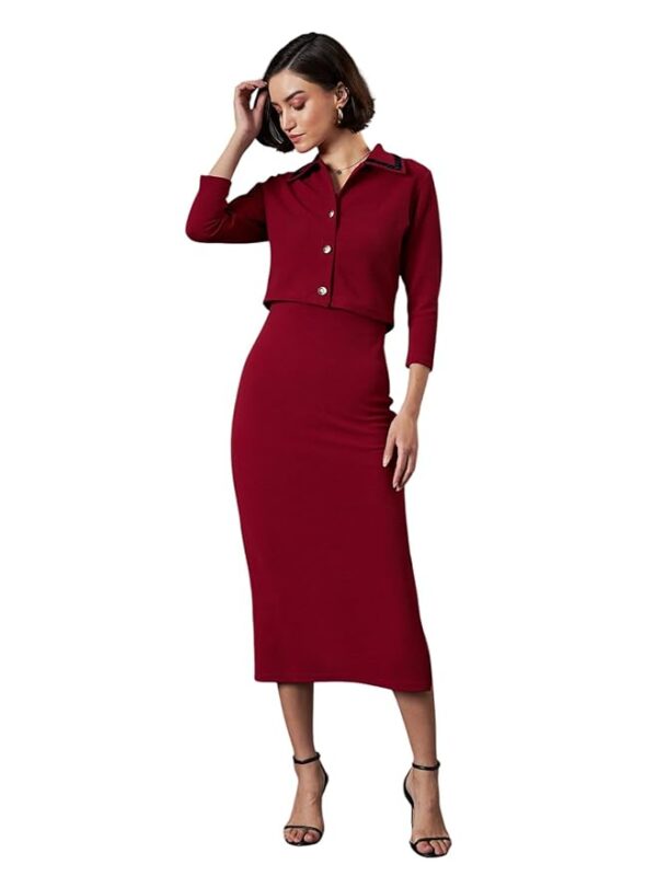 Maroon Women Bodycon Dress with Shrug