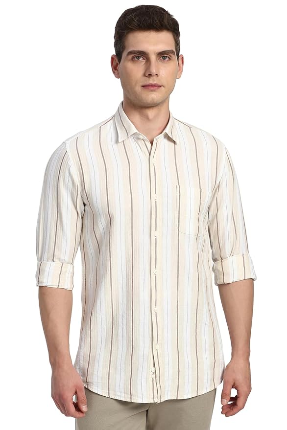 Men's Linen Blend Shirt | Subtle Stripes | Full Sleeves(Cream)