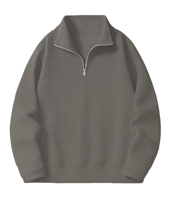Men's Textured Half-Zip Short Sleeve Sweatshirt - Casual Summer Pullover Top(Grey)