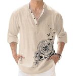 Men's Cotton Blend Mandarin Collar Self One Design Full Sleeve Casual Short Kurta（Beige)