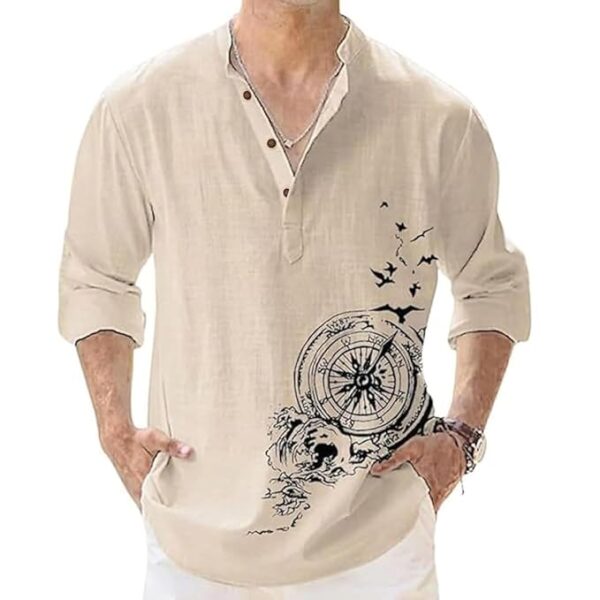 Men's Cotton Blend Mandarin Collar Self One Design Full Sleeve Casual Short Kurta（Beige)