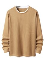 Men’s Casual Long Sleeve Waffle Knit T-Shirt – Soft Breathable Crewneck Top with Layered Hem(Brown)