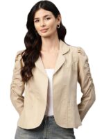 Women Beige Solid Cotton Lightweight Open Front Casual Blazer(Beige)