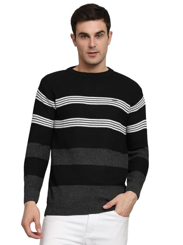 Men's Black Winterwear Woolen Striped Cardigans Sweaters